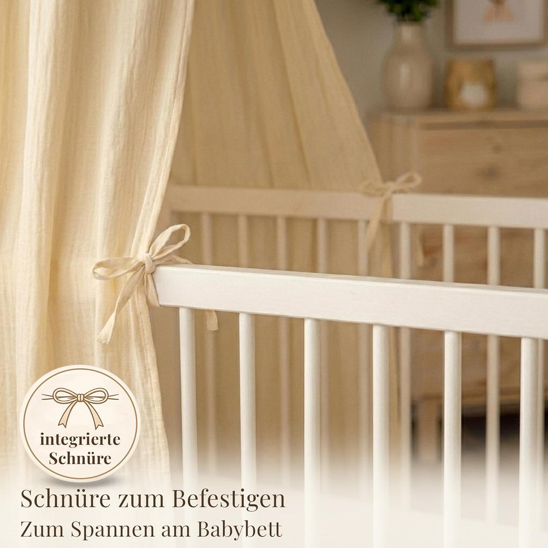 Betthimmel Babybett Set - Musselin Stoff mit montierter Himmelstange - Baldachin für Babybett zum An