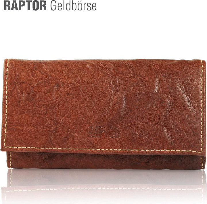 Raptor Damen-Geldbörse Echtleder Used Look 19x10cm Querformat RA40037 Dunkelbraun, Dunkelbraun