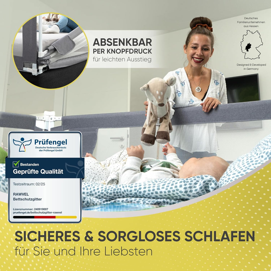 RAWVEL® Bettgitter grau [1,4m] - Labor geprüft - Rausfallschutz Bett [Eine Seite] - Bettschutzgitter