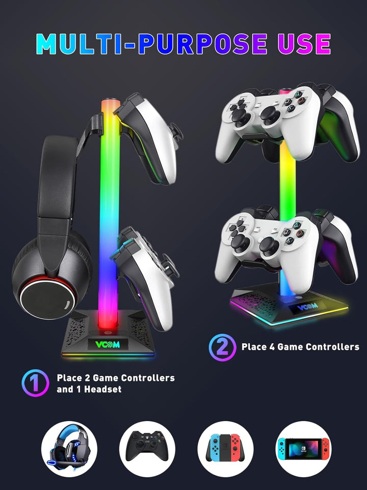 VCOM RGB Gaming Kopfhörer Ständer mit 10-Licht Modi, Controller Halter mit 2 USB Ports, PC Gaming Zu