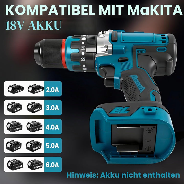 80 Nm bürstenloser Akku-Schlagbohrer, kompatibel mit Makita 18-V-Akku, 1/2-Zoll-Hammerbohrer, 2100 U