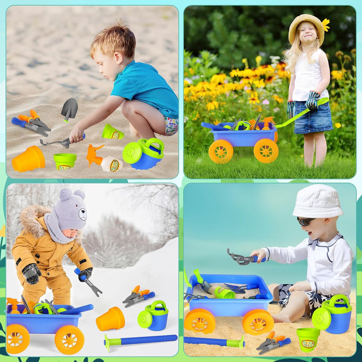 deAO Gartenset mit Schubkarre Kinder, Schaufel, Rechen, Blumentöpfe, Giesskanne Usw, 14Pcs Kinder Ga