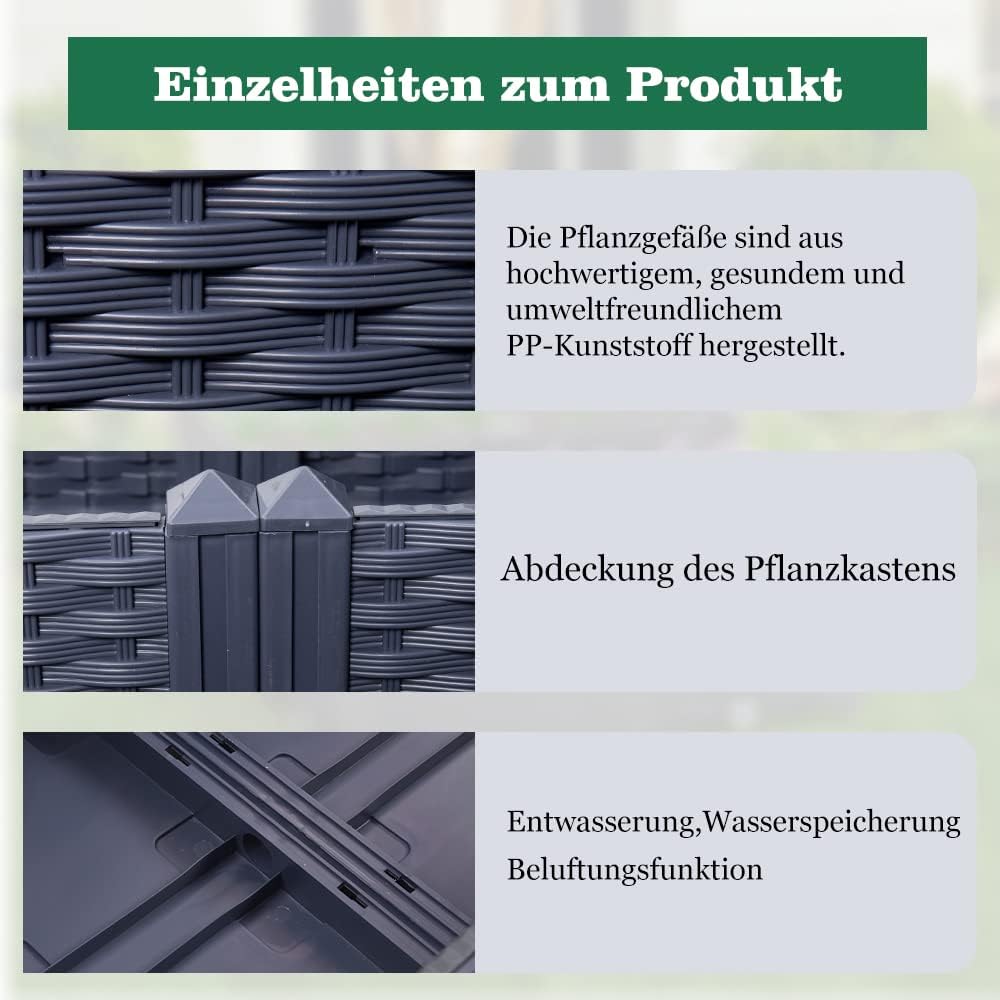 Mingone Blumenkasten Rattan Optik Blumentopf aus Kunststoff Blumenkasten Balkonkasten mit Wasserspei