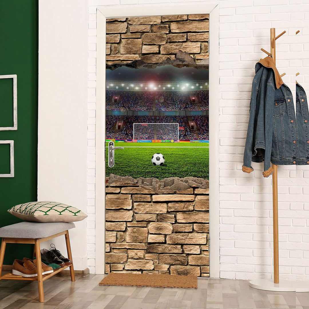 wandmotiv24 Türtapete 3D Fussballfeld - Steinmauer 80 x 200cm (B x H) - Dekorfolie selbstklebend Sti
