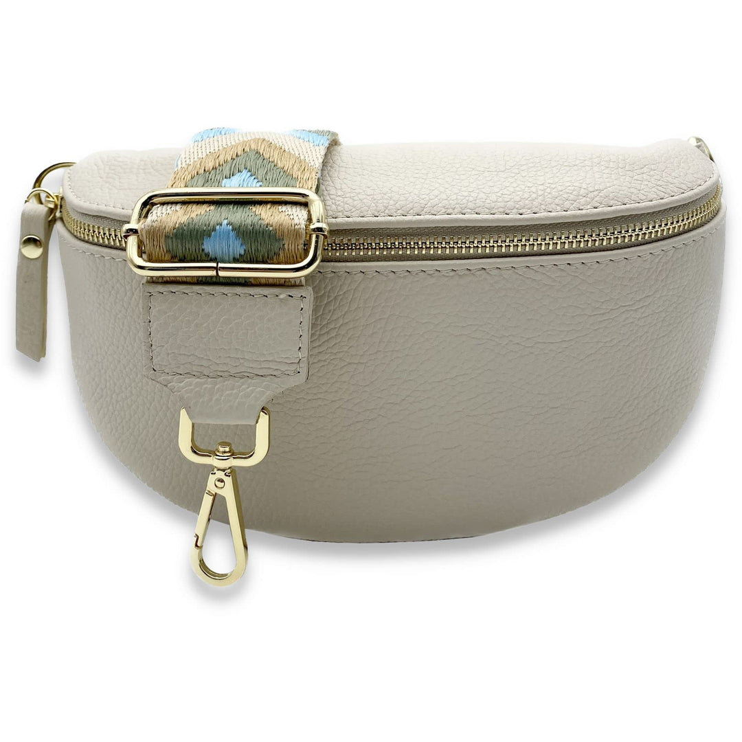 Bauchtasche mit breitem Gurt Damen beige Gold, Leder Crossbody Bag mit breitem Taschengurt, Gürtelta
