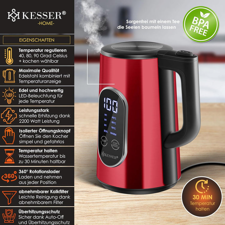 KESSER® Wasserkocher Edelstahl 1.5 Liter | LED-Anzeige | 4-Modi Temperatureinstellung 40°C-100°C | 3