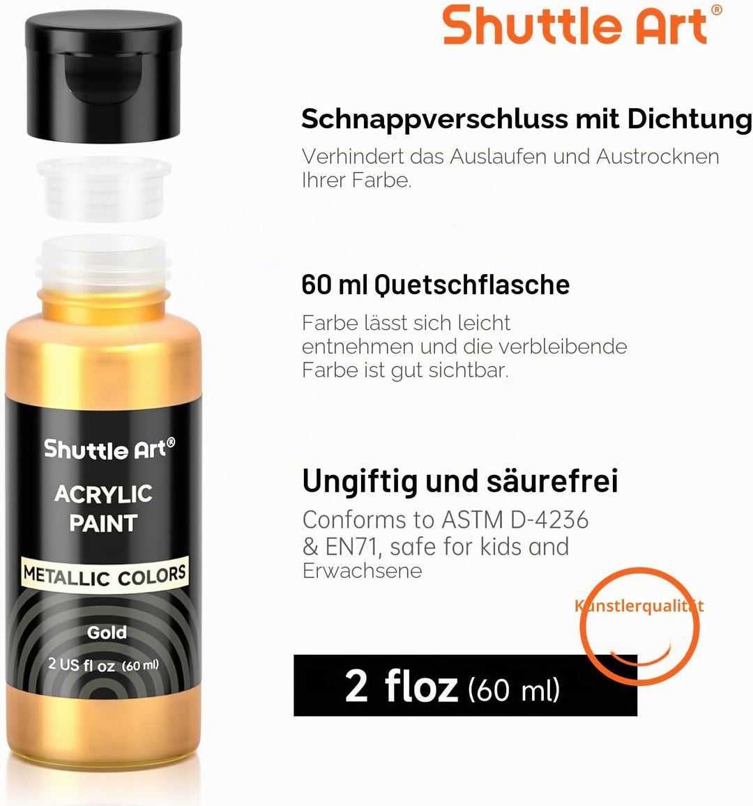 Shuttle Art Metallic Acrylfarben Set, 20 bunte Metallic Acryl Farben in Flaschen (60 ml), 3 Pinselse