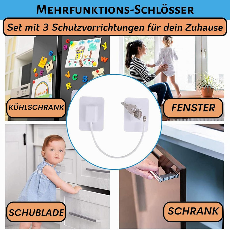 Fenstersicherung für Kinder [Set mit 3 Schlössern ohne Bohren], Schubladensicherung Baby, Kindersich