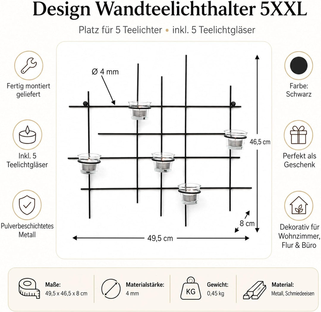 DanDiBo Wandteelichthalter Metall Leuchter 5XXL Wandkerzenhalter 50 cm Teelichthalter Wand Kerzenhal
