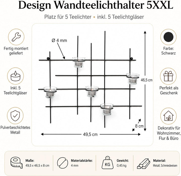 DanDiBo Wandteelichthalter Metall Leuchter 5XXL Wandkerzenhalter 50 cm Teelichthalter Wand Kerzenhal