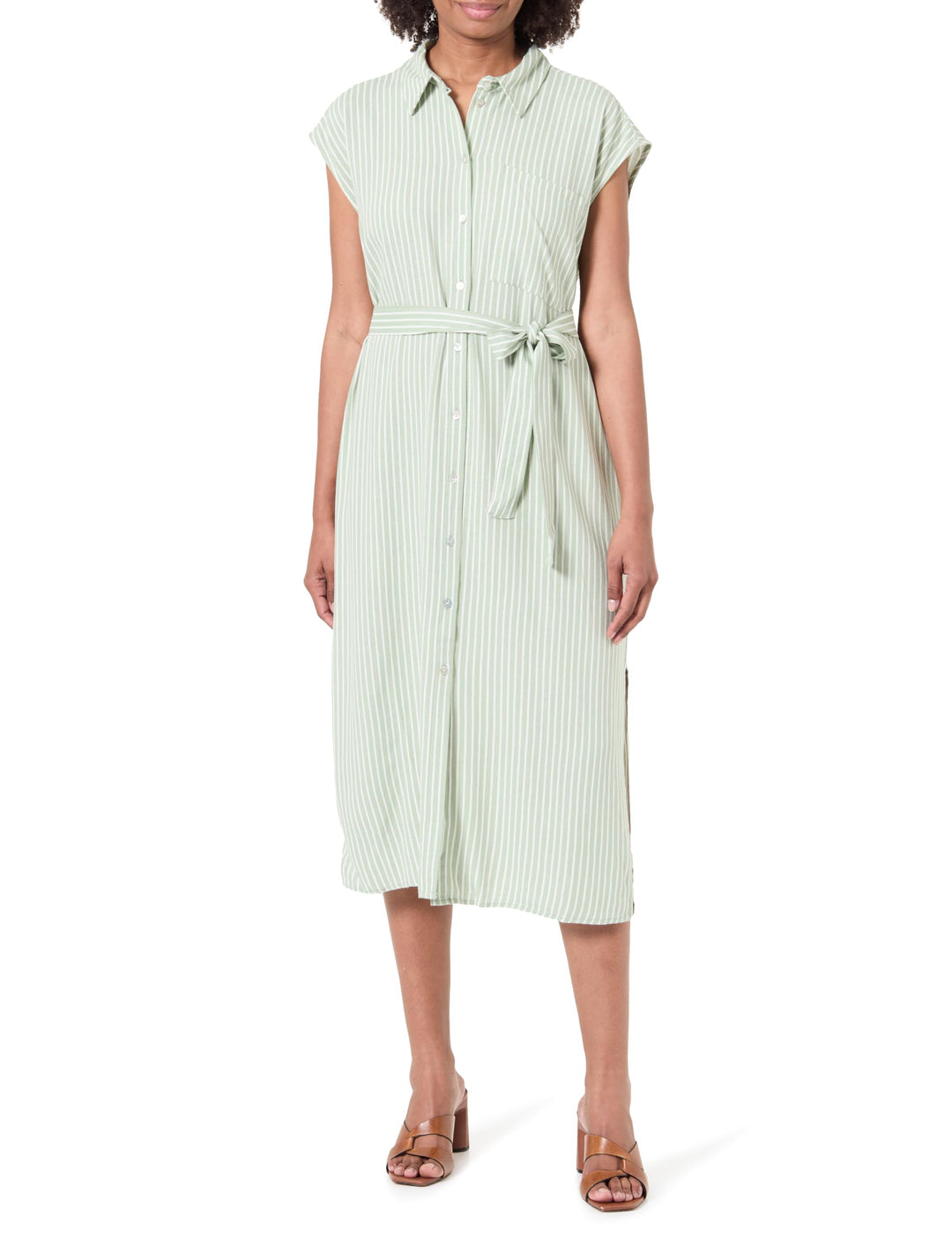 VERO MODA Damen Vmmymilo Sl Calf Shirt Dress WVN Ga Kleid L Reseda/Stripes:snow White, L Reseda/Stri