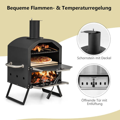 GYMAX Tragbarer Pizzaofen, Pizzabäcker mit klappbaren Beinen & Griffen, holzbefeuerter Pizzagrill mi