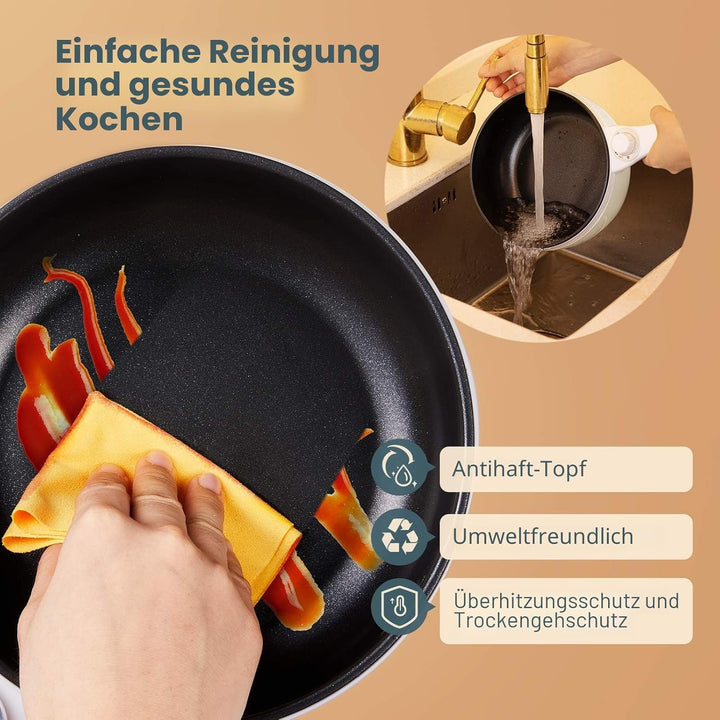 Vocha Elektrische Pfannen, Hot Pot, Antihaft-Bratpfanne Elektropfanne mit Glasdeckel, 1,5 l Mini-tra