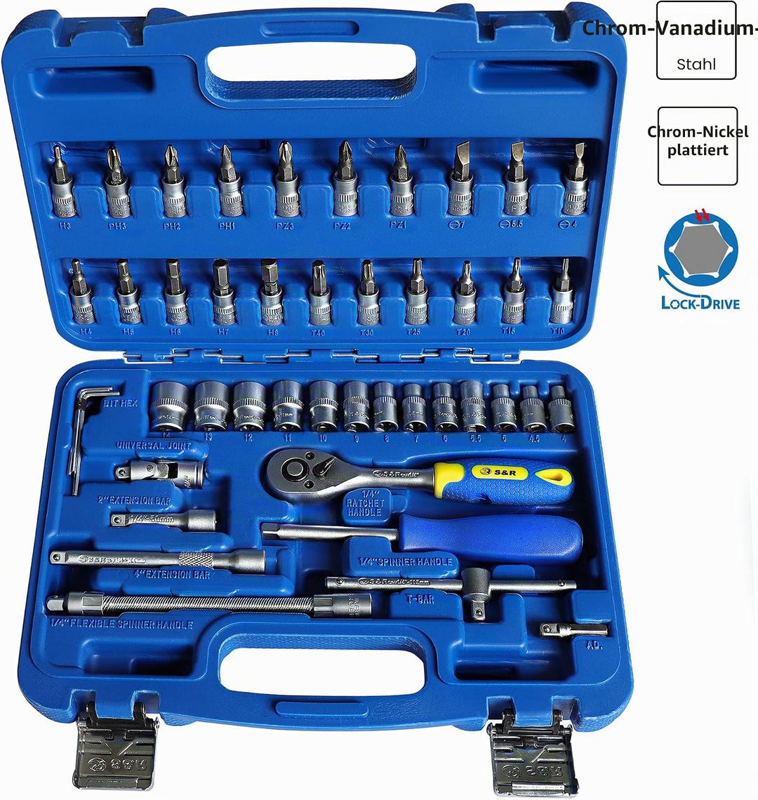 S&amp;R Steckschlüsselsatz 46-teilig 1/4" Ratschenkasten aus CHROM-VANADIUM STAHL Bit-Einsatz mit LOCK-D
