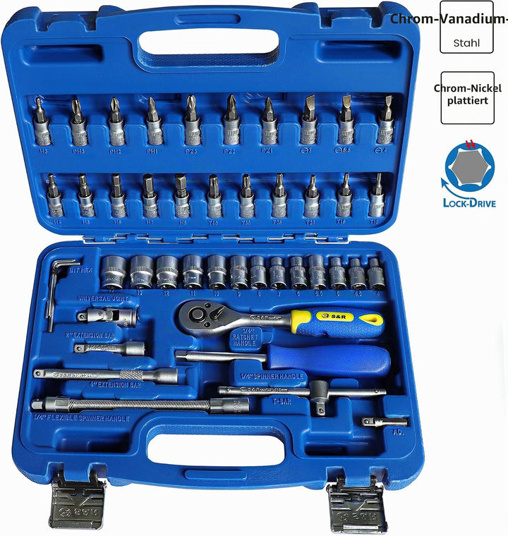 S&amp;R Steckschlüsselsatz 46-teilig 1/4" Ratschenkasten aus CHROM-VANADIUM STAHL Bit-Einsatz mit LOCK-D
