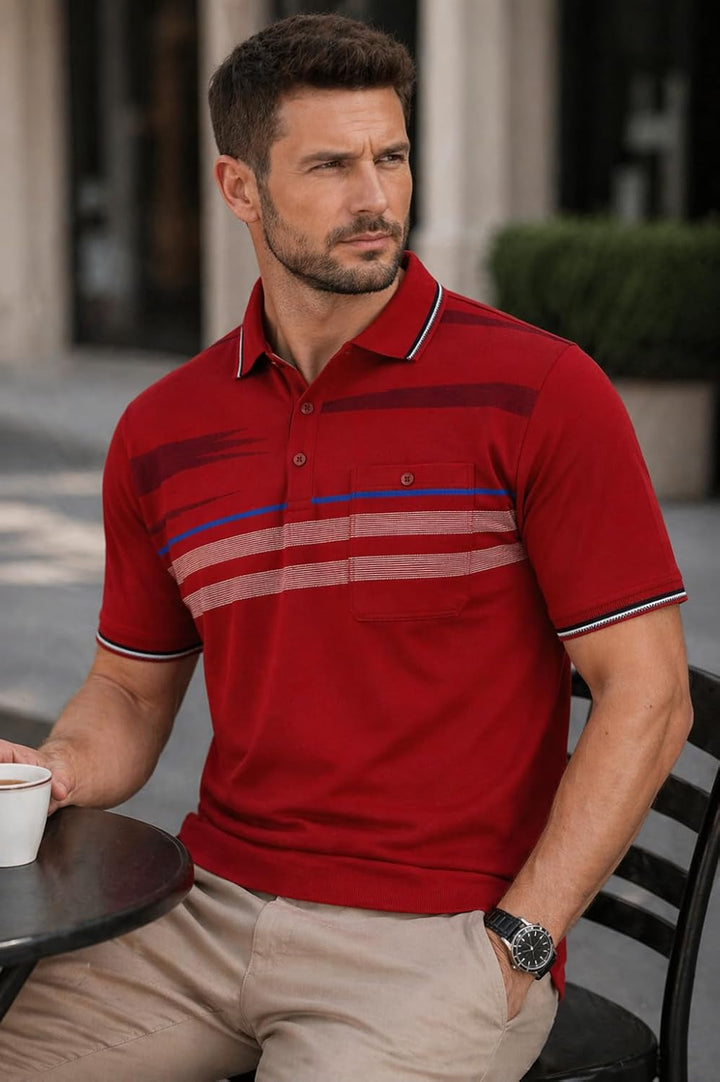 Soltice Herren Kurzarm Poloshirts Gestreifte Blousonshirts mit Brusttasche Baumwoll-Mix, Grösse M bi