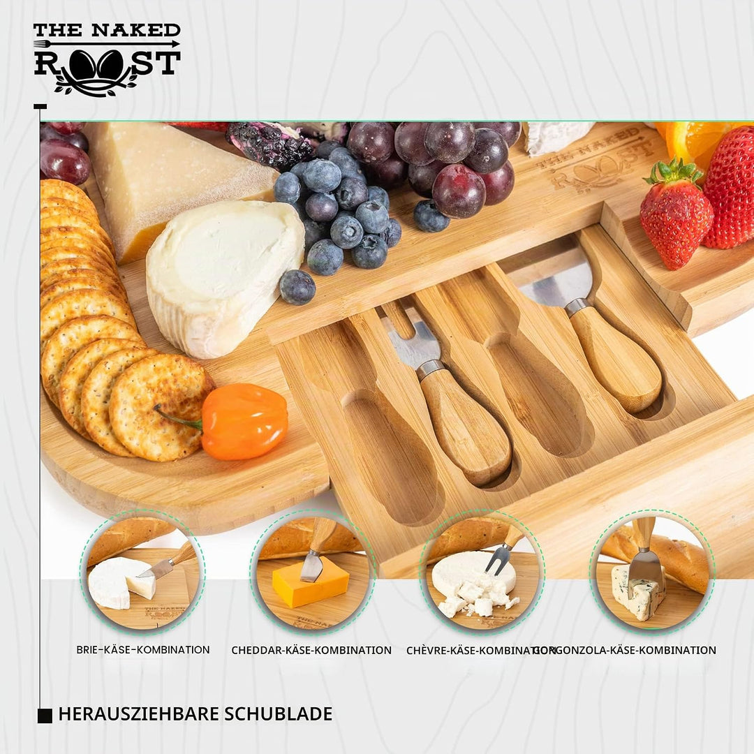 Bambus-Käsebrett und Messer-Set – Holz-Charcuterie-Brett mit Ledergriffen und herausziehbarer Schubl