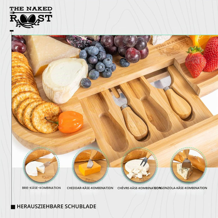 Bambus-Käsebrett und Messer-Set – Holz-Charcuterie-Brett mit Ledergriffen und herausziehbarer Schubl