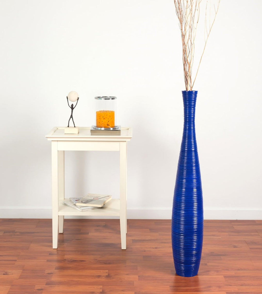 Leewadee Grosse Bodenvase für Dekozweige hohe Standvase Design Holzvase, Holz, 90 cm, blau 90 cm Bla