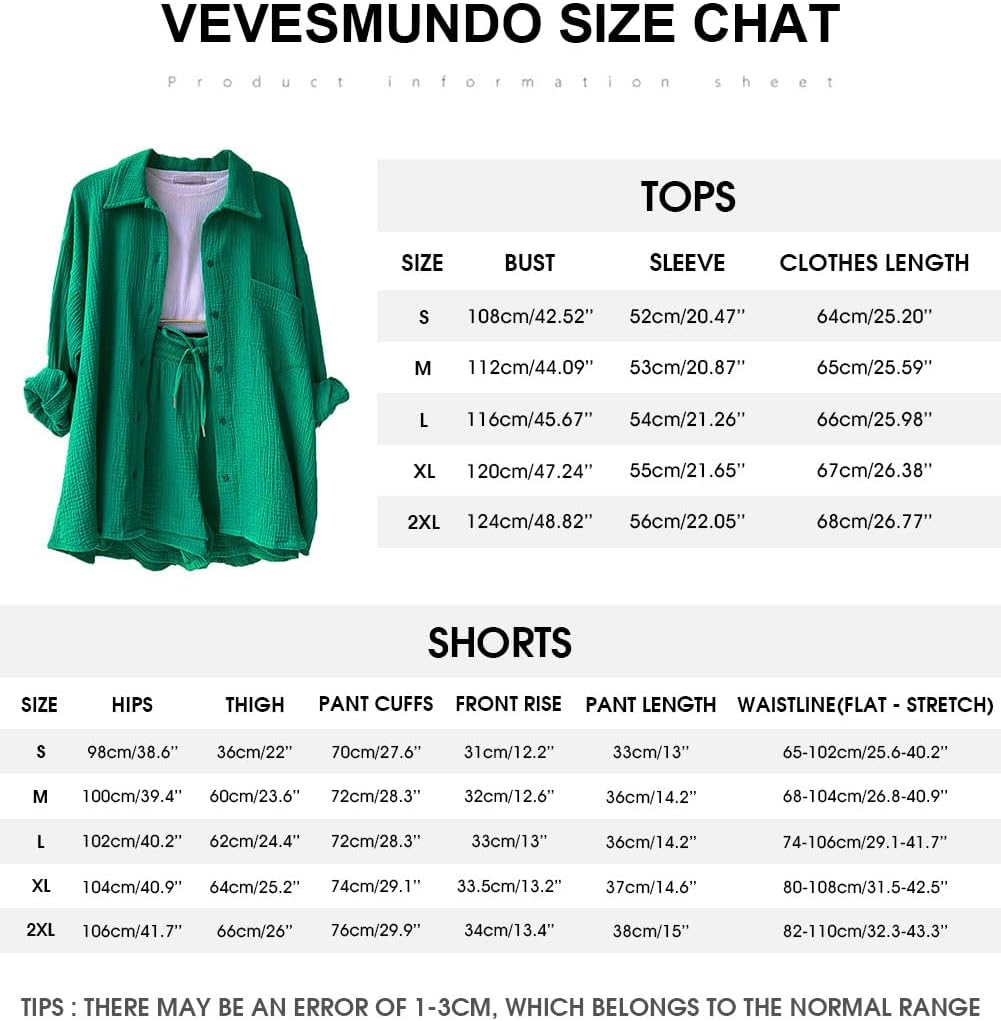 VEVESMUNDO Damen Sommer Musselin Bluse Hemd und Shorts Zweiteiler Set Baumwolle Strand Outfit Set Gr