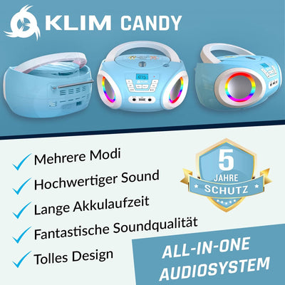 KLIM Candy Kids Boombox CD-Player für Kinder NEU 2024 + UKW-Radio + Inklusive Batterien + Blaues Rad