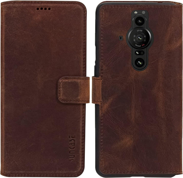 Suncase Book-Style Hülle kompatibel mit Sony Xperia Pro-I Leder Tasche (Slim-Fit) Lederhülle Handyta