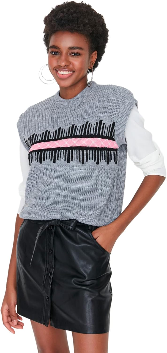 TRENDYOL Damen Patterned Knitwear Sweater, Grau, S EU