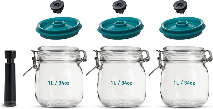 Airtender 3x Vakuumdeckel mit 3x Kilner® Einmachgläser und Vakuumpumpe – Halten Sie Lebensmittel bis