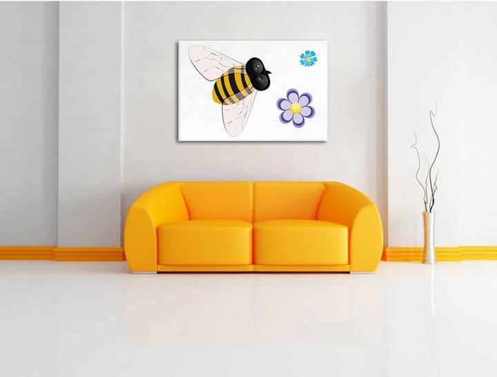 Pixxprint Hübsche Biene mit Blumen als Leinwandbild/Grösse: 100x70 cm/Wandbild/Kunstdruck/fertig bes