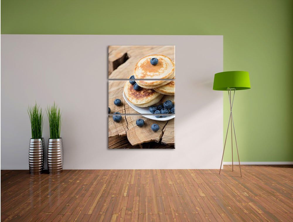 Pixxprint Pancakes mit Blaubeeren als Leinwandbild | Grösse: 3 Teilig (120x80) | Wandbild| Kunstdruc
