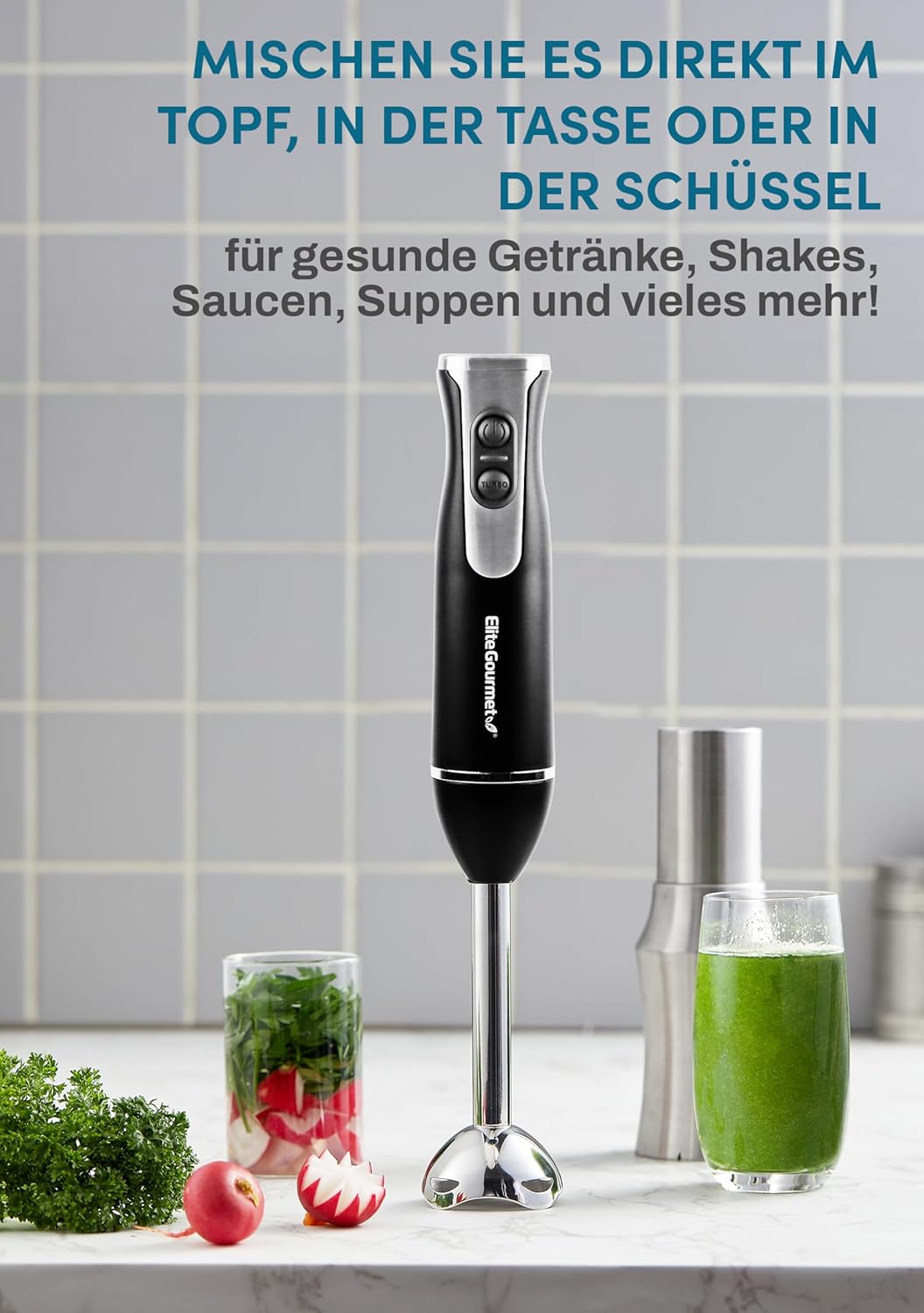 Elite Gourmet EHB1015 Stabmixer, 500 W, 2 Geschwindigkeiten, mit Edelstahlklingen, abnehmbarer Mixko