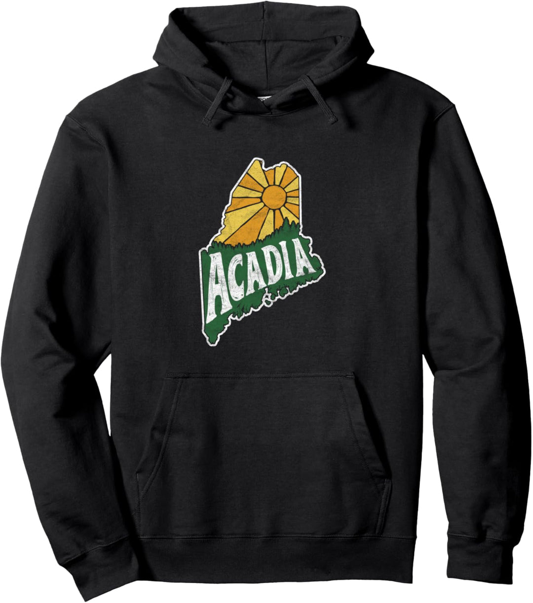 Acadia National Park Vintage Maine Map Shape Graphic Pullover Hoodie