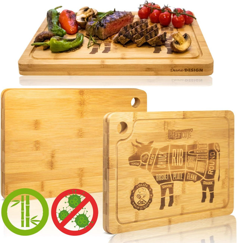 DuneDesign 4x Bambus Steakteller Holz Massiv 33x23cm - 2cm dicke Grill Servierplatte - Steak Brett B