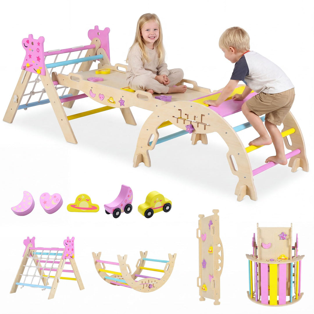 COSTWAY Klettergerüst Indoor 3er Set, klappabres Kletterdreieck mit Rutsche, Kletterbogen, Netz, ink