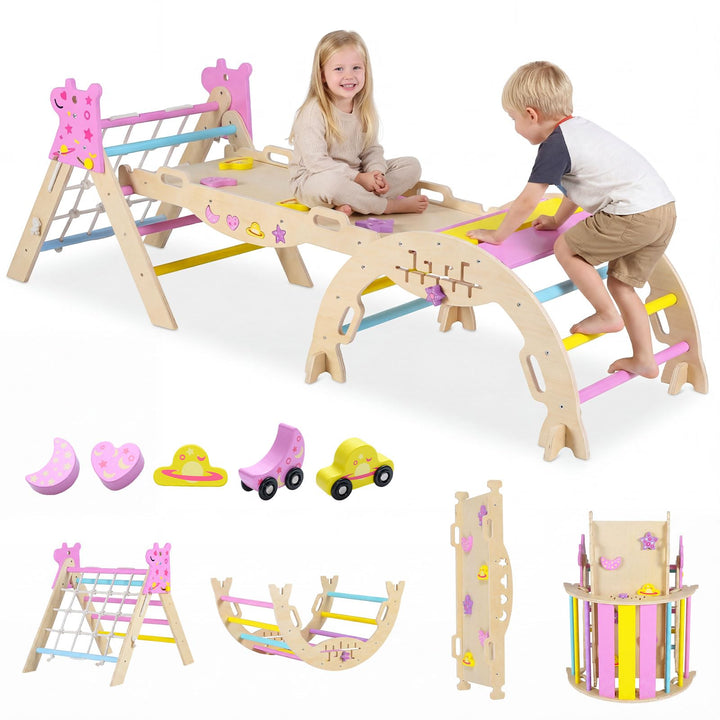 COSTWAY Klettergerüst Indoor 3er Set, klappabres Kletterdreieck mit Rutsche, Kletterbogen, Netz, ink