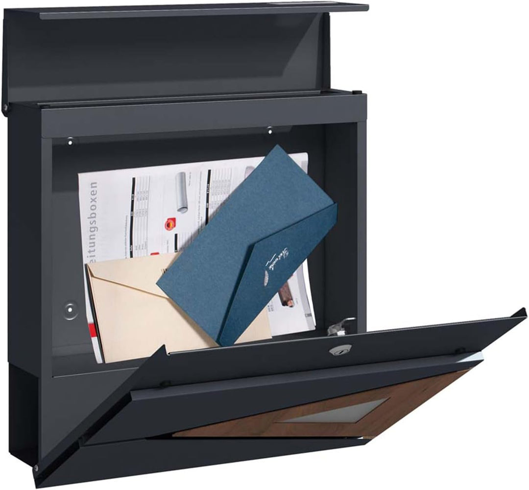 SCHARTEC Briefkasten SPB-8 anthrazit mit Holz Design und Zeitungsfach modern & gross Wandbriefkasten