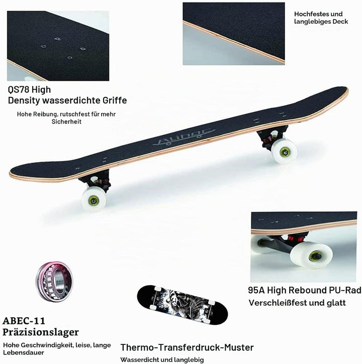 31-Zoll-Standard-Skateboard, 7 Lagen Ahorn-Board-Oberfläche, geeignet für Kinder, Jugendliche, Erwac