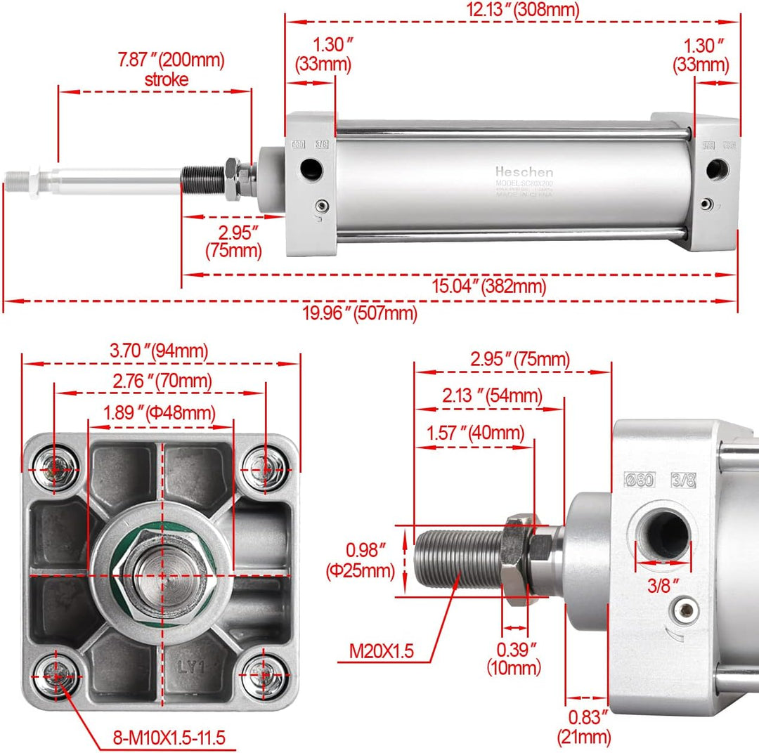 Heschen Pneumatischer Standard-Luftdruckzylinder, SC 80-200, PT3/8 Anschluss, 80mm Bohrung, 200mm Hu