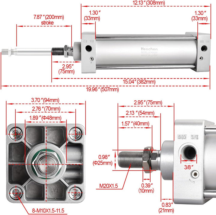 Heschen Pneumatischer Standard-Luftdruckzylinder, SC 80-200, PT3/8 Anschluss, 80mm Bohrung, 200mm Hu