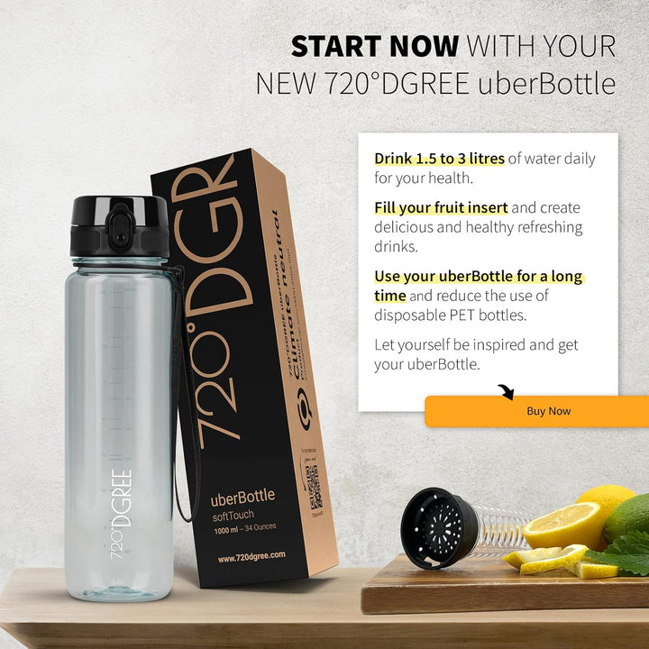 720°DGREE Trinkflasche 1l “uberBottle“ crystalClear +Früchtebehälter - BPA-Frei, Auslaufsicher - Was