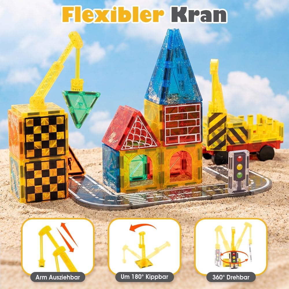 Playpals Magnetische Bausteine Stadt-Strassenset, 40-teilig mit Kran | STEM-Lernen, Verkehrszeichen,