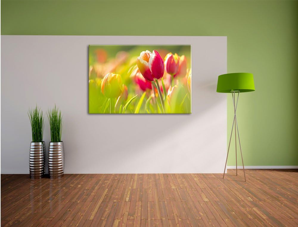 Blühende rote Tulpen, Format: 100x70 auf Leinwand, XXL riesige Bilder fertig gerahmt mit Keilrahmen,
