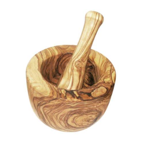 Mörser und Stössel Set, aus massivem Olivenholz, 14 cm Durchmesser, mit Einer traumhaft schönen Mase