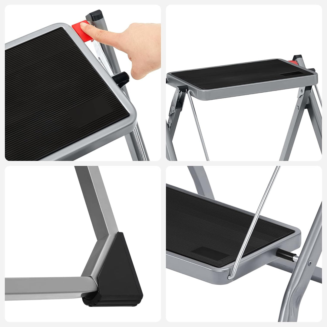 SONGMICS Klapptritt mit 2 Stufen, Trittleiter, Leiter, 20 cm breite Stufen, rutschfeste Gummimatte,