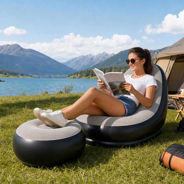 Yuragim Aufblasbares Sofa, Aufblasbarer Sessel mit Fusshocker Wasserdichtes Luftsofa mit Beflockter