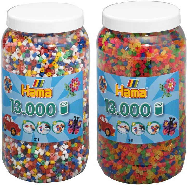 Hama Bügelperlen 2-tlg Set Perlendose 211-00 Vollton + 211-51 Neon je mit 13000 Perlen = 26000 Perle