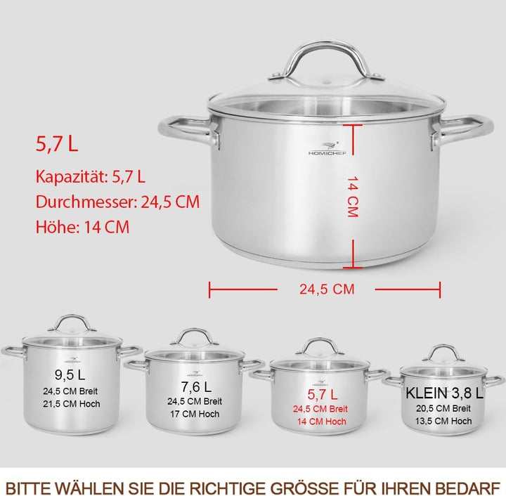 HOMICHEF Suppentopf 24,5 cm 5,7 Liter Nickelfreier Edelstahl - 5,7-Liter-Topf mit Deckel und Griff -
