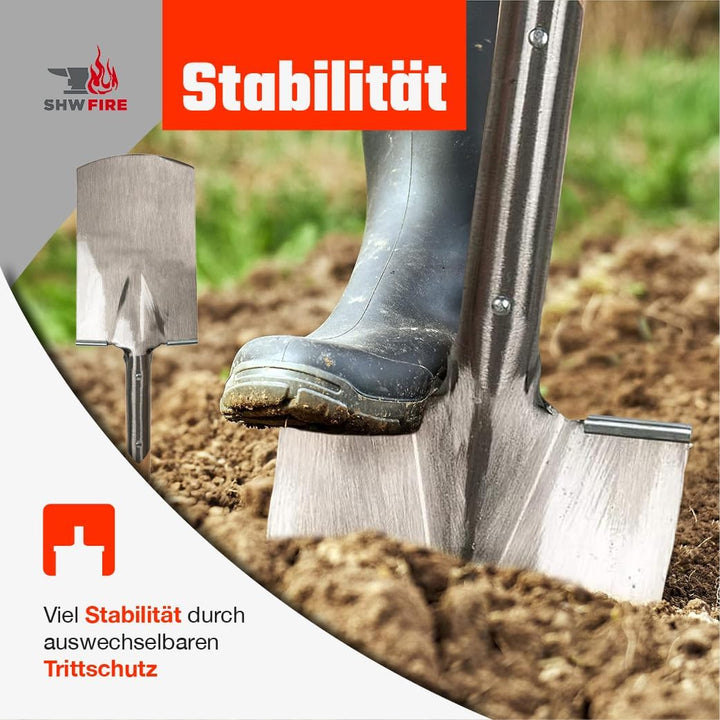 SHW-FIRE Gärtnerspaten für Harte Böden - Trittkante, 95cm Stiel mit T-Griff - robust und langlebig,