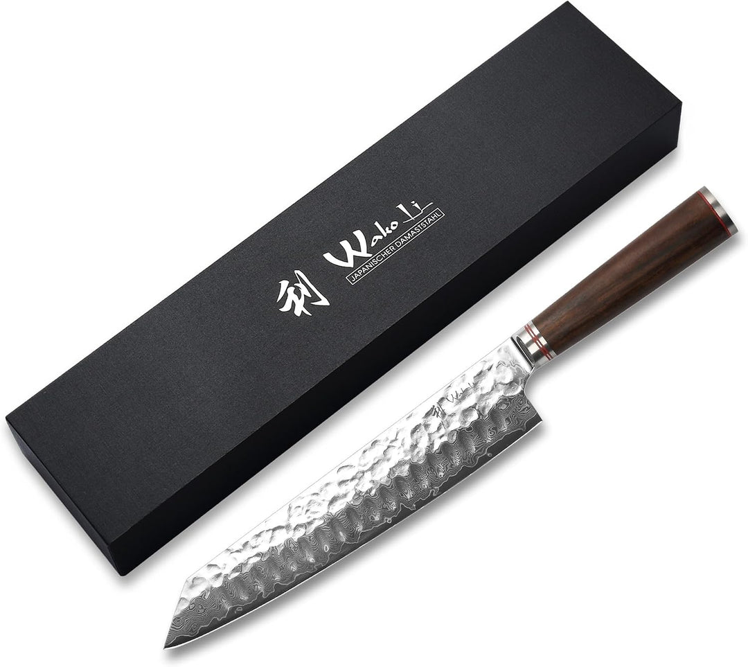 Wakoli Damast Kiritsuke Chefmesser – 20cm Klinge aus 67 Lagen VG10 Damaststahl mit Hammerschlag, erg