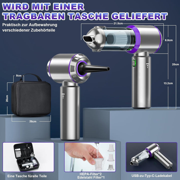 Handstaubsauger Akku,4-in-1 Handstaubsauger, Auto Staubsauger Stark, 25000PA Autostaubsauger Akku Te